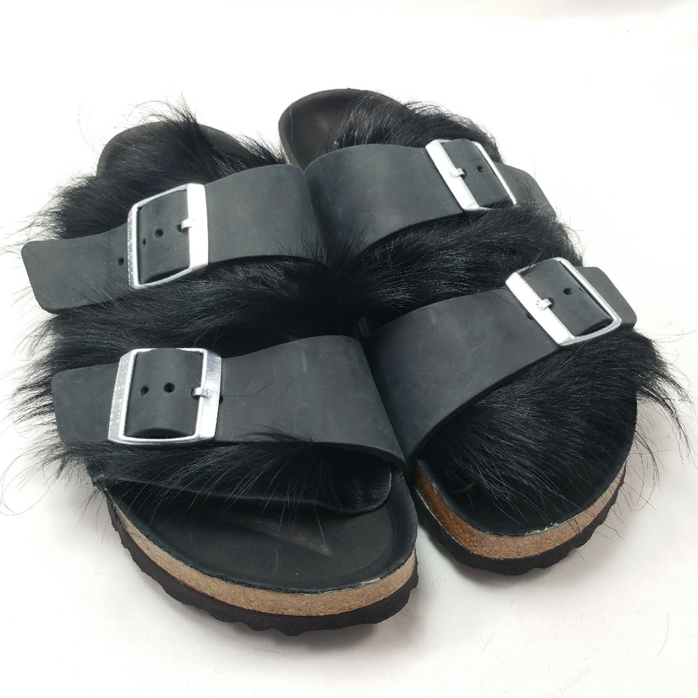 Birkenstock Black Fur Double Strap Sandals
